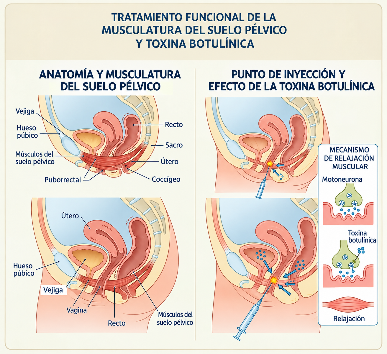 Diagrama del tratamiento funcional con toxina botulínica en el suelo pélvico