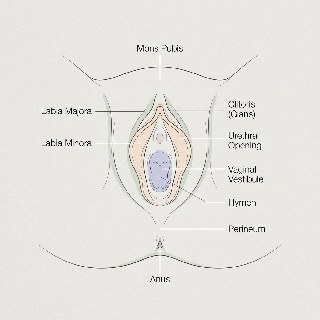Clinical outline illustration of hymenal anatomy and external vulvar structures